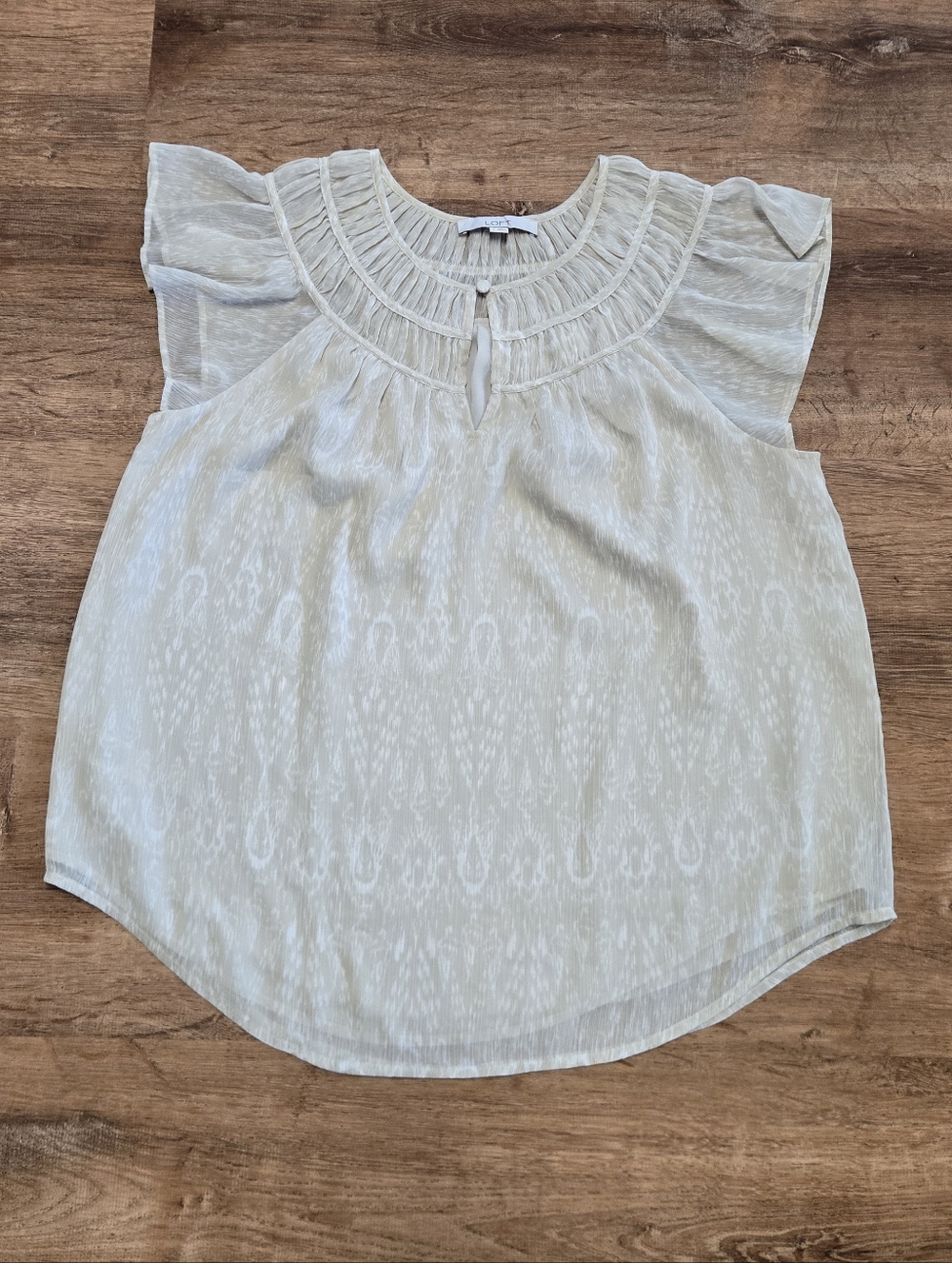 LOFT Cream Flutter-Sleeve Smocked Yoke Blouse Large Business Casual